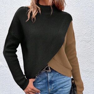 💫SALE NEW SHEIN Two-Tone Black and Brown Sweater asymmetrical front hem